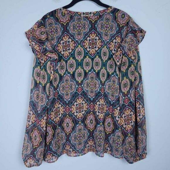 Loft Womens Size Large Tapestry Ruffle Shoulders Split Neck Blouse Blue Red - Picture 2 of 7